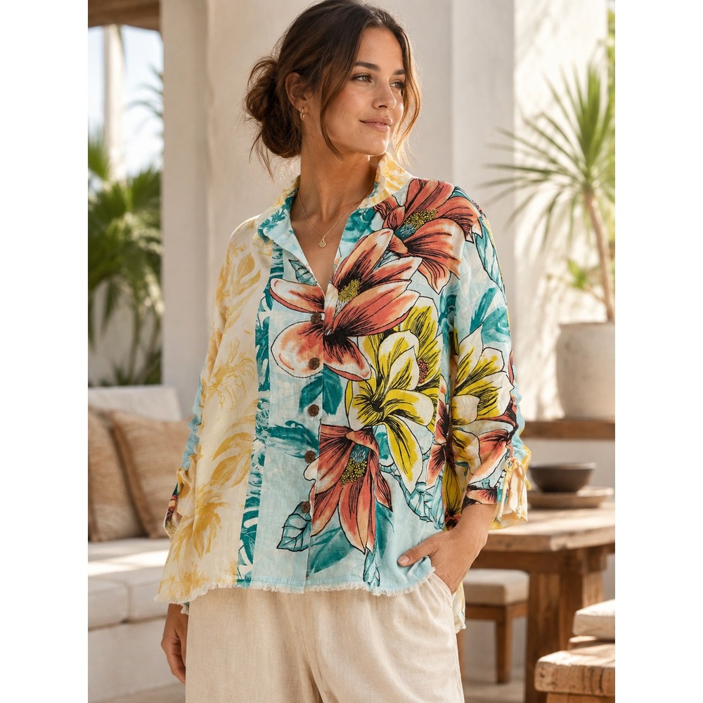 John Mark Artsy Boho Wire Collar Raw Hem 100% Linen Tunic Top Floral Size Small - Picture 1 of 12